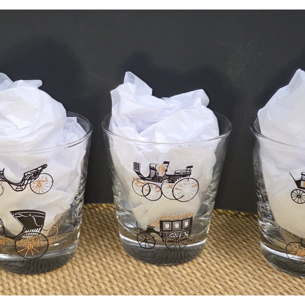 Libbey Rocks Glasses Set of‎ 4 Black Gold Carriage Stagecoach MCM Barware 3.25"